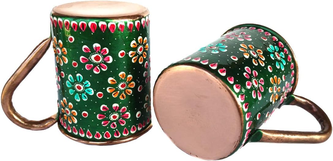 Rastogi Handicrafts Handmade Pure Copper Outer Hand Painted Art Work Wine, Vodka, Beer,Cocktail,Juice, Cold Coffee Straight Mug - Cup 16 oz (2) (GERRN)