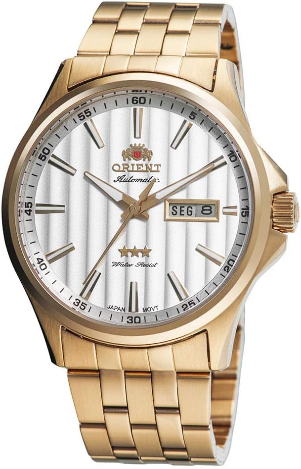Relógio Masculino Orient Automático Aço inoxidável Dourado Mostrador Branco Analógico Original Resistente a Água 469GP043F S1KX