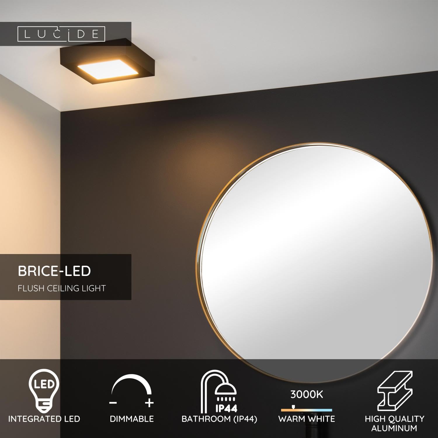 LUCIDE BRICE-LED - Deckenleuchte Badezimmer - LED Dim. - 1x15W 3000K - IP44 - Schwarz