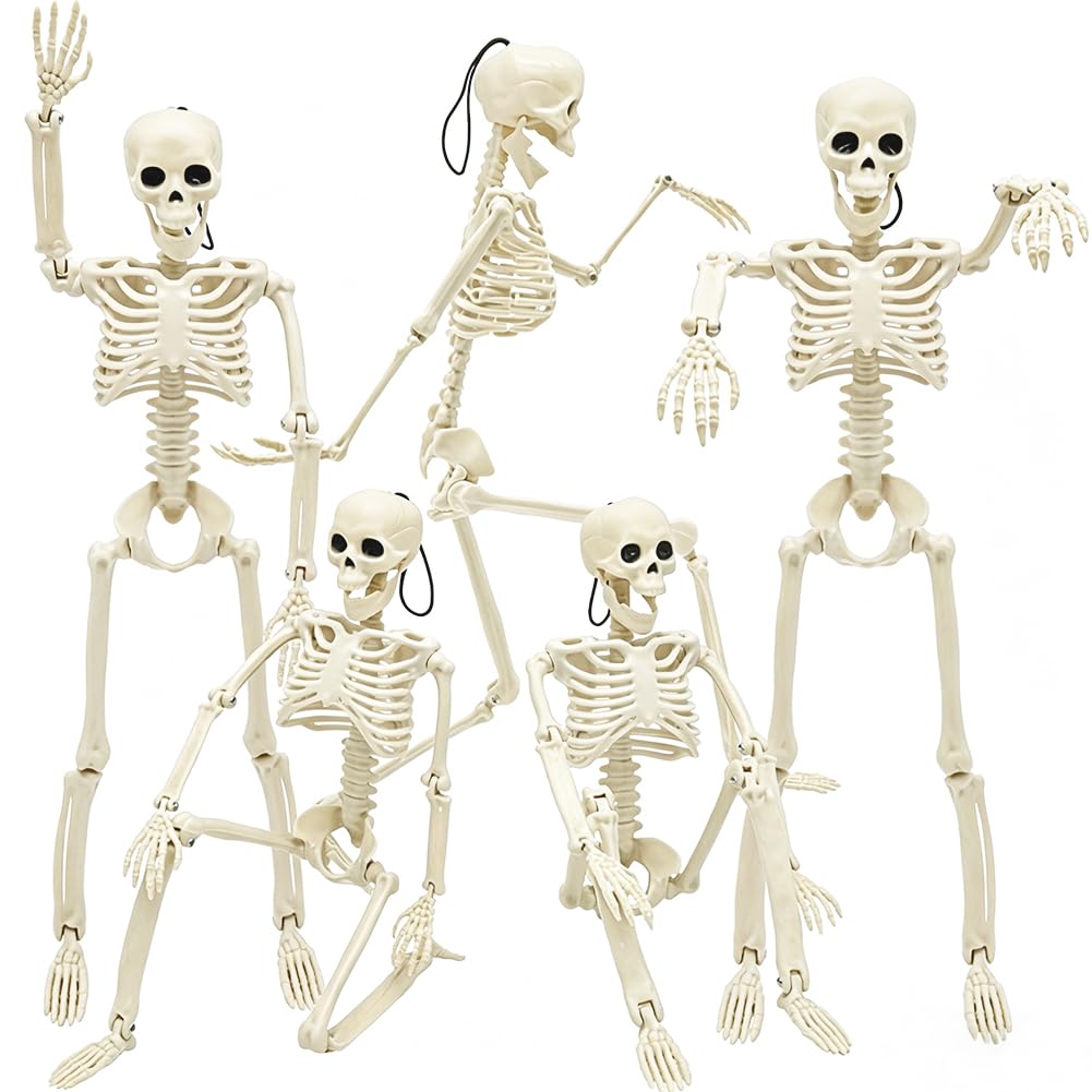 WODMAZ 5 Packs Halloween Skeleton Decorations, 16" Halloween Full Body Mini Skeleton with Movable Posable Joints, Spooky Plastic Skeleton for Yard Garden Lawn Haunted House Graveyard Props Decor