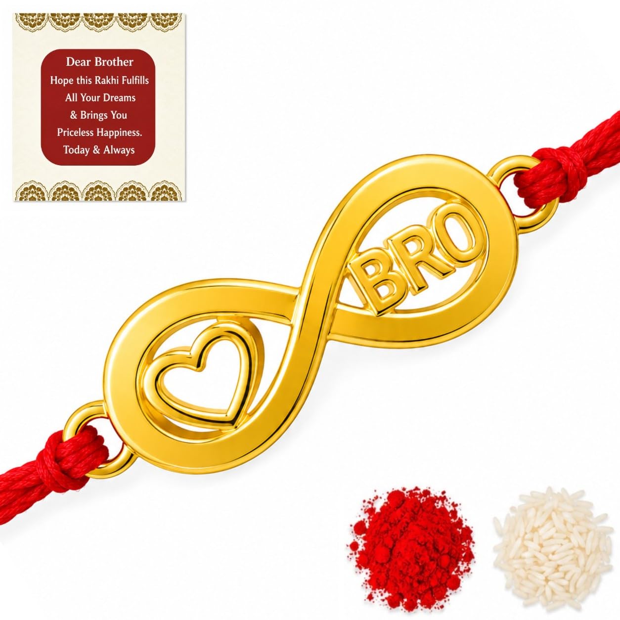 Infinity Heart Bro Rakhi for Brother with Greeting Card, Roli & Chawal | Gold-Plated Love Rakhi for Bhai | Raksha Bandhan Gift for Bhaiya-image-49