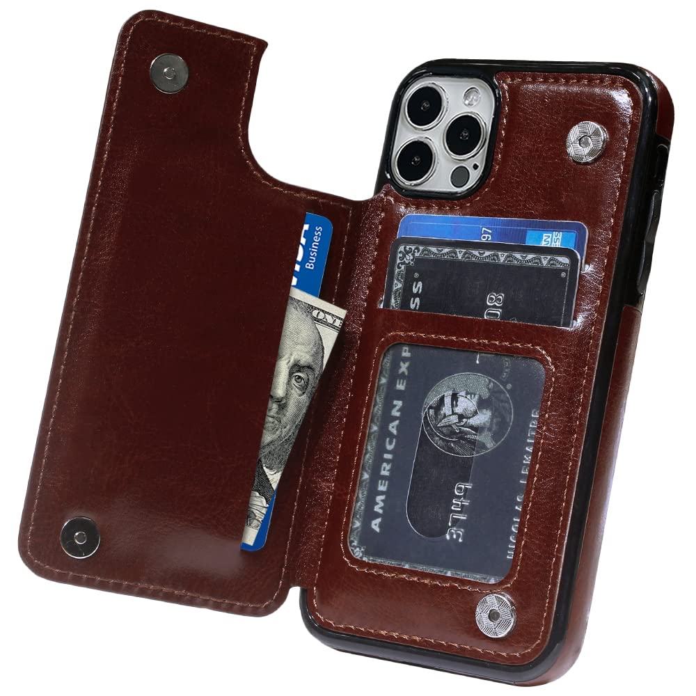 MIDOLA Wallet Case for iPhone 14 Pro 14P with Card Holder Cover Flip Cell Phone Money Clip Premium PU Leather Kickstand Card Slots Double Magnetic Shockproof Slim Protective Purse 6.1 Inch Brown