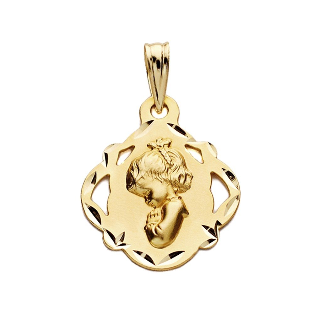 Medalla oro 18k Virgen Niña 19mm. colgante forma pandereta filos detalles tallados lados calados