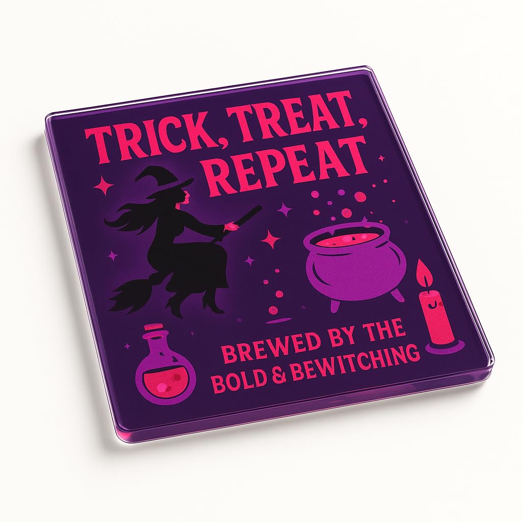 The Plum Penguin Witchy Vibe Brew Bold & Bewitching Acrylic Coaster Gift - Halloween Design With Witches, Broomsticks & Cauldrons