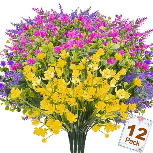 FEOYA 12 Bundles Artificial Flowers for Outdoors，Artificial Plants UV Resistant Fake Flowers Greenery Shrubs Plants Fake Flowers for Decoration Outdoor Plants Hanging Planter Home Garden Decor