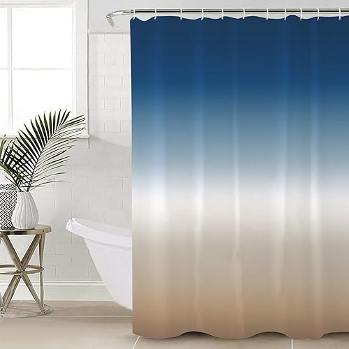 Juego de cortinas de ducha de color azul marino, beige, crema degradado, 60 x 72 pulgadas, cortina de bañera lavable con 12 ganchos, arte abstracto