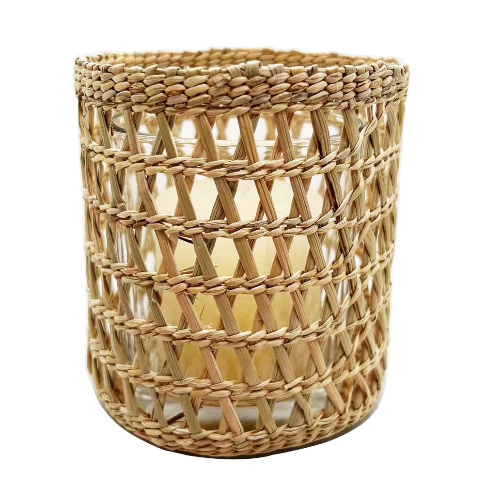Handwoven Rattan Tea Light Candle Holder - Natural Seagrass, 3.5" Diameter, Rustic Centerpiece