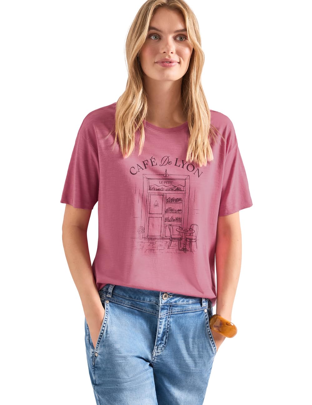 Street One T-Shirt with Crew Neck and Front Print Blush Berry 44