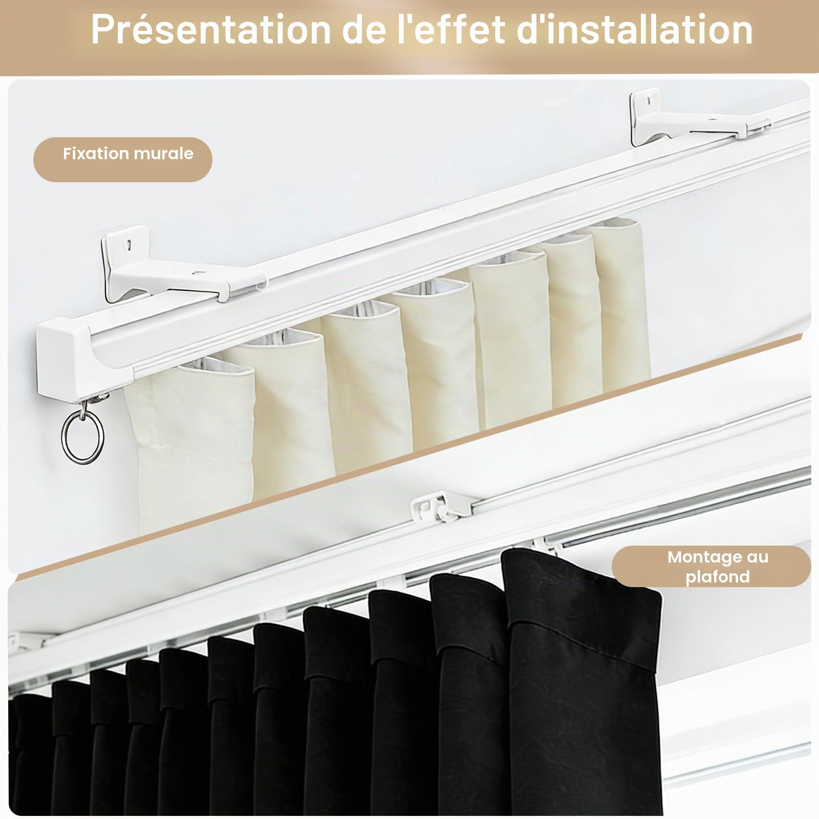 Rail de rideau de plafond robuste - Système de tringles à rideaux - Séparateur de pièce - Rails de plafond - Crochets coulissants - 2,7 m - Blanc