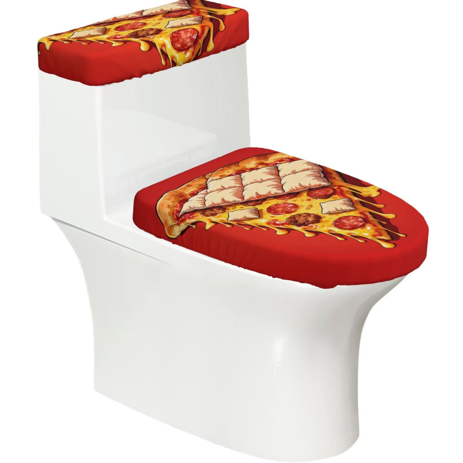 Pizza Blanket Elastic Toilet Cover Set of 2-Stretchy Lid and Tank Covers for Bathroom, Soft Washable U Shape Toilet Decor