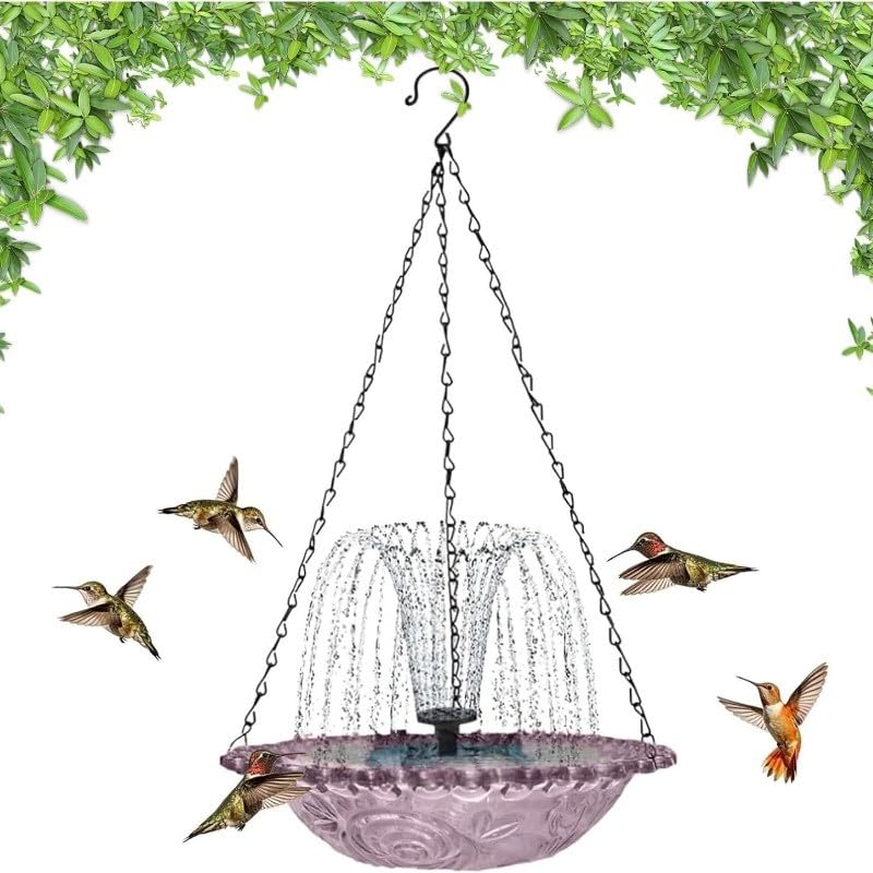 Solar Cascade Hanging Bird Bath Fountain, Outdoor Hanging Bird Bath with Solar Fountain, 2026 New Large Humming Birds Baths Fountains, with Solars Pump & Glass Bowl, for Outdoor, Gardens