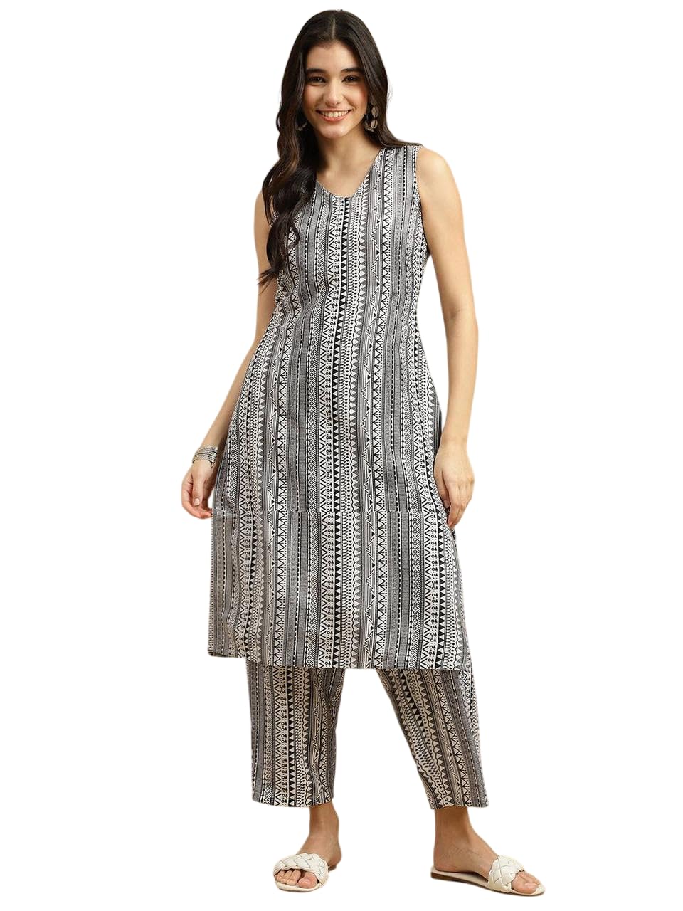 Women's Rayon Printed Straight Kurta with Pant | Sleeveless | V Neck