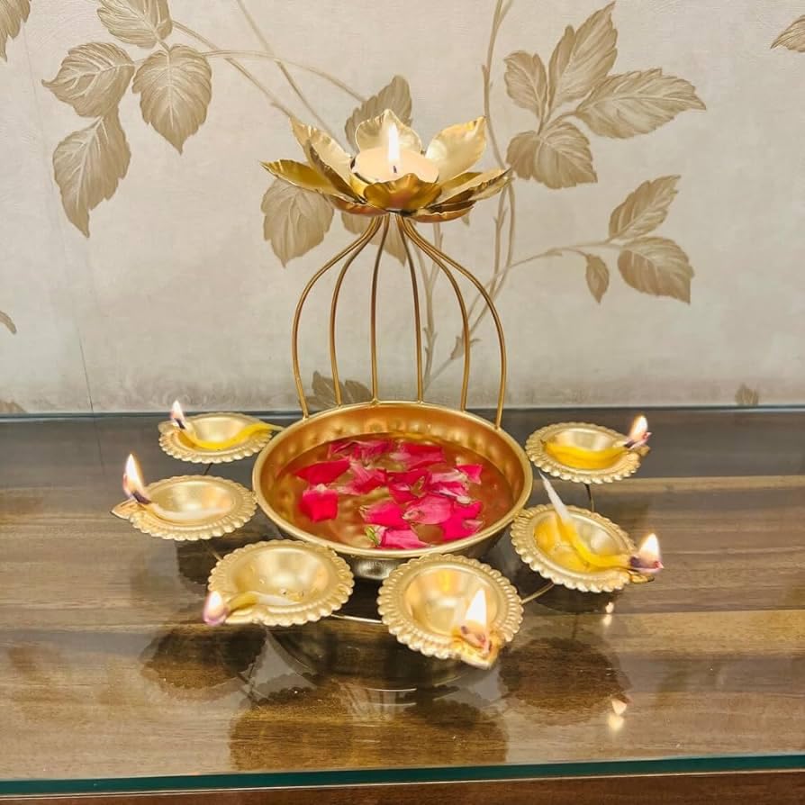 Earth to Buy Decorative Metal Urli Bowl Flower Design with Tealight Candle Holder for Decoration