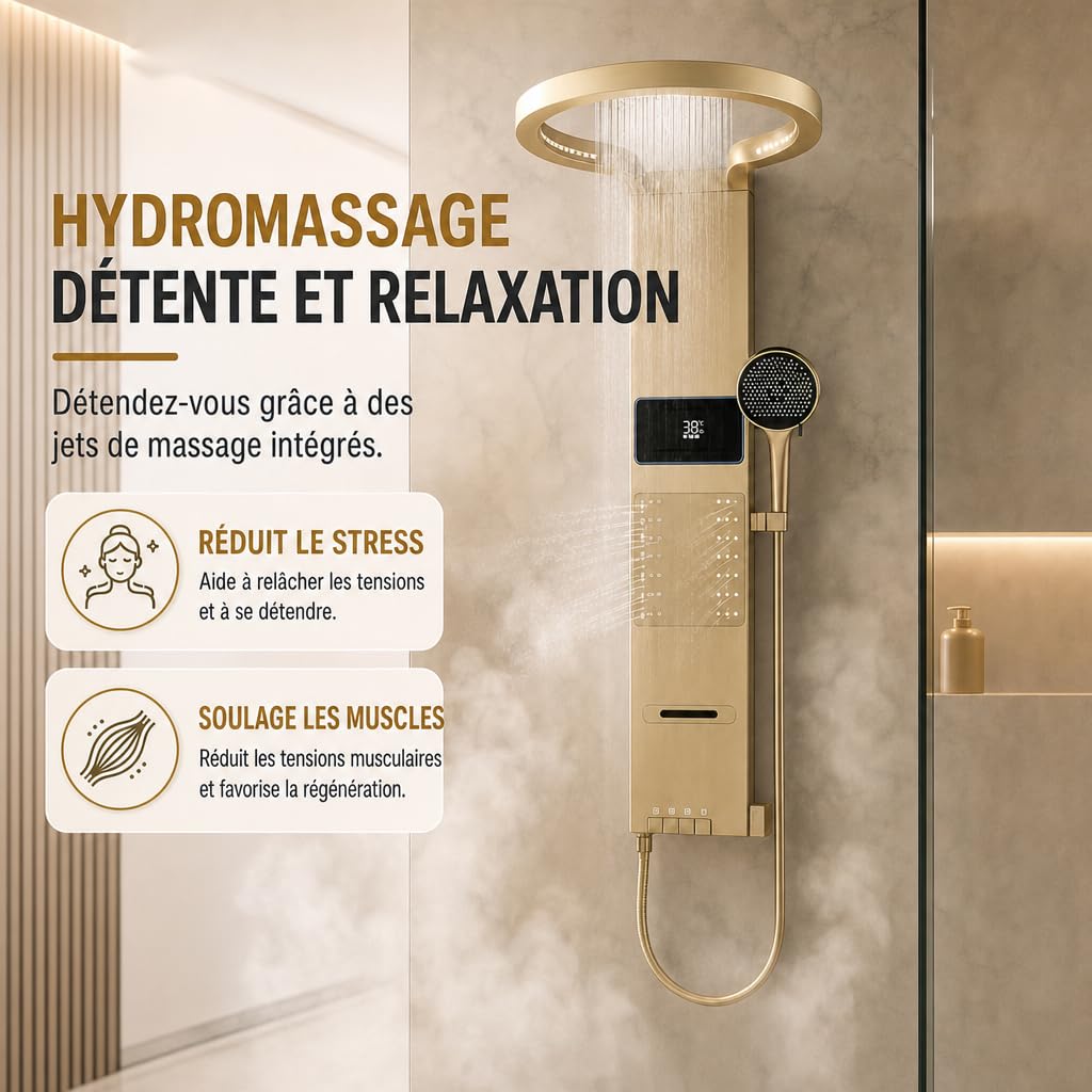 INEX EUROPA Colonne de douche thermostatique de luxe, couleur or - Hydromassage - Garantie 10 ans - 4 modes de fonctionnement - Hauteur : 105 cm - Collection Daytona