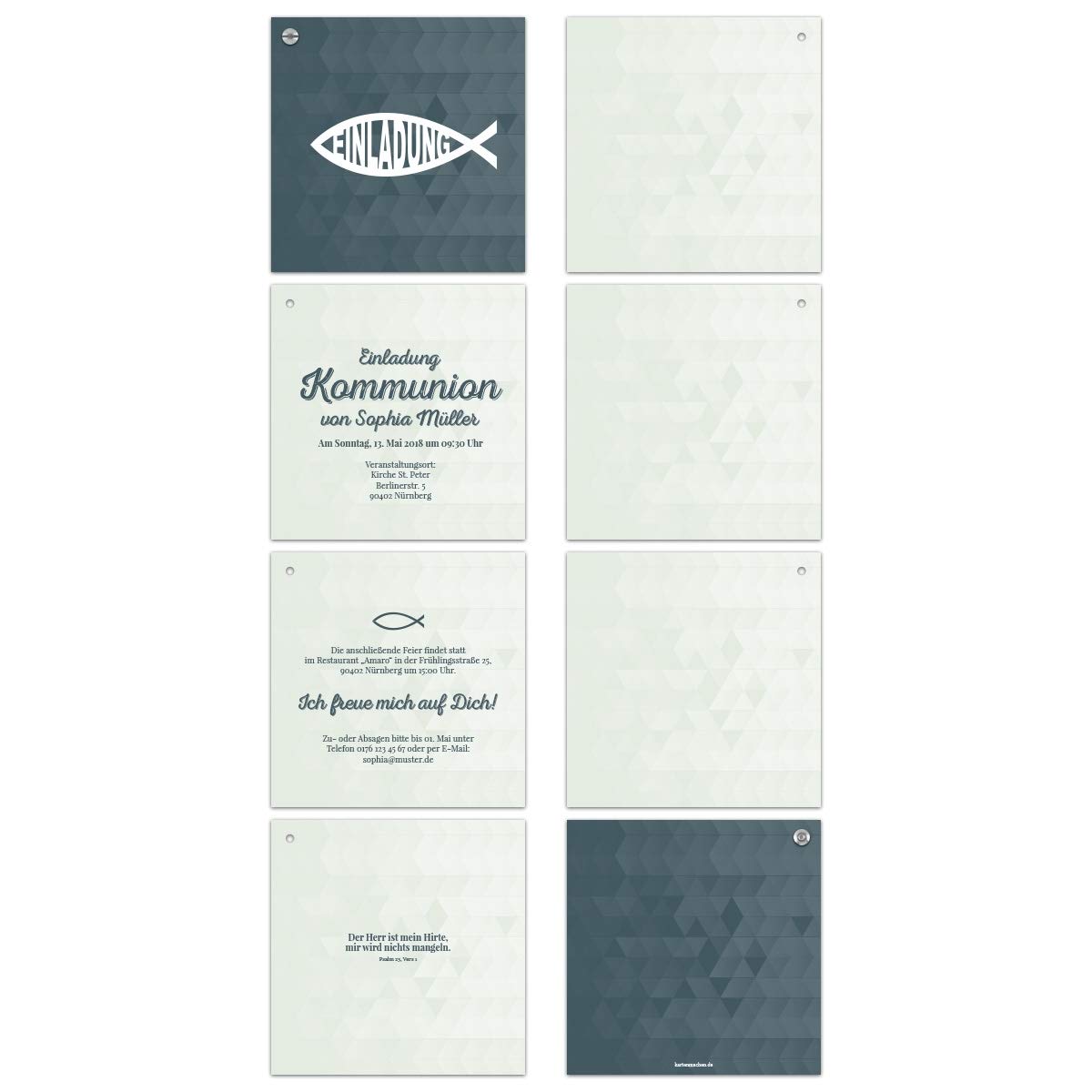 20 x Fächerkarten Kommunion Einladungskarten individuelle Einladungen Quadrat 148x148mm - Moderner Jesus Fisch
