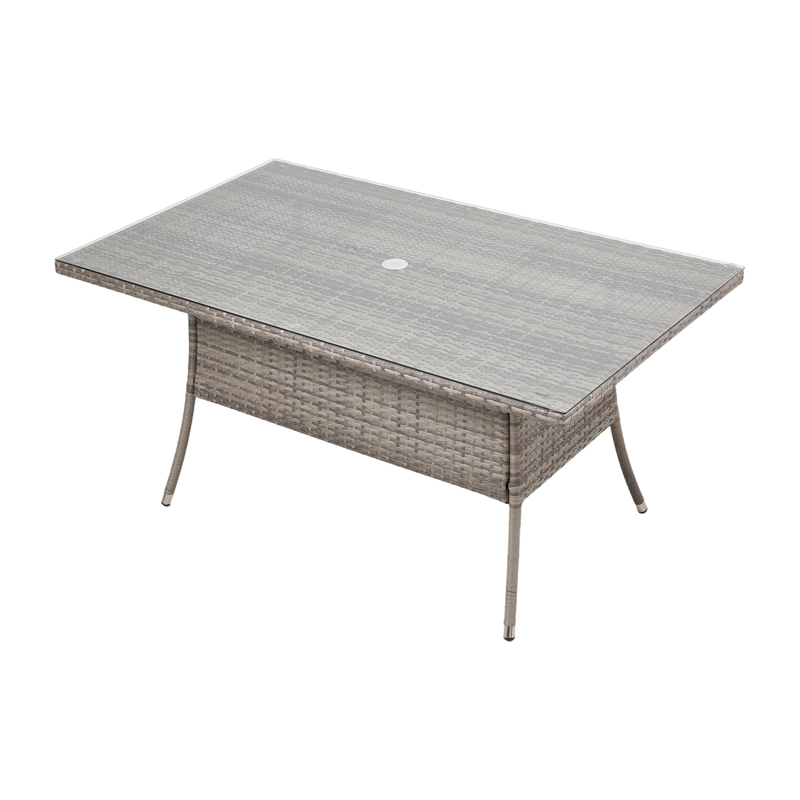 Warmiehomy Rattan Garden Table 120x80cm Outdoor Dining Table with Parasol Hole Tempered Glass Tabletop Wicker Patio Tables Grey Outdoor Side Tables
