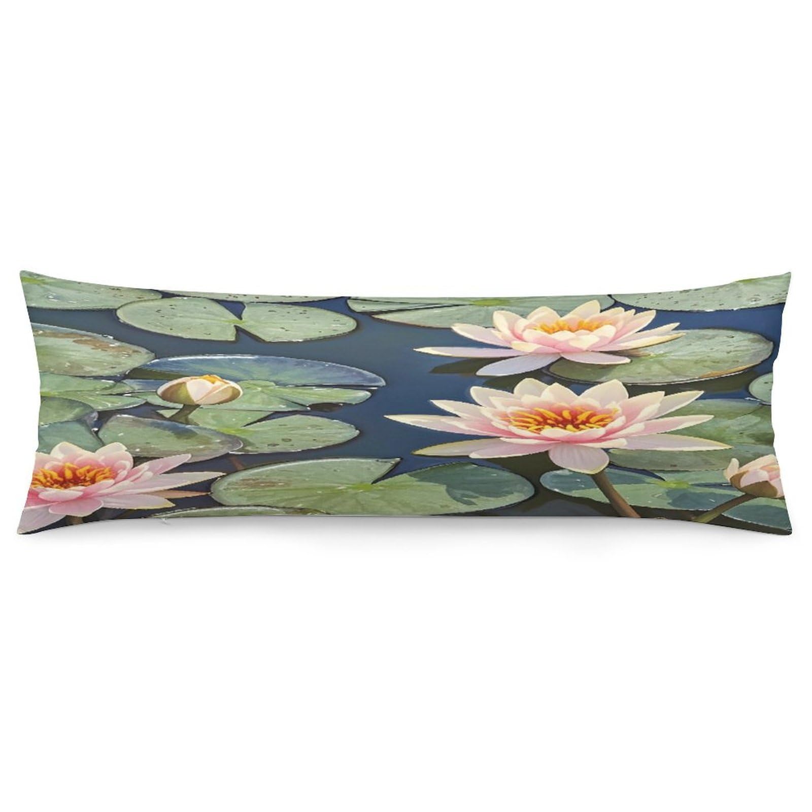 Peach Water Lily Painting Pillowcase Decorative Body Pillow Cover Soft Full Long Pillow Case Breathable Large Body Pillowcase Cute Cozy Pillow Sham for Bed Couch Sofa 18.9 X 53 Inch