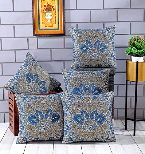 Image of Nendle Jacquard Weaved 16X16 Inch Polycotton Ethnic Floral 210 TC Cushion Cover Set Of 5 (40 * 40Cm, Firozi)