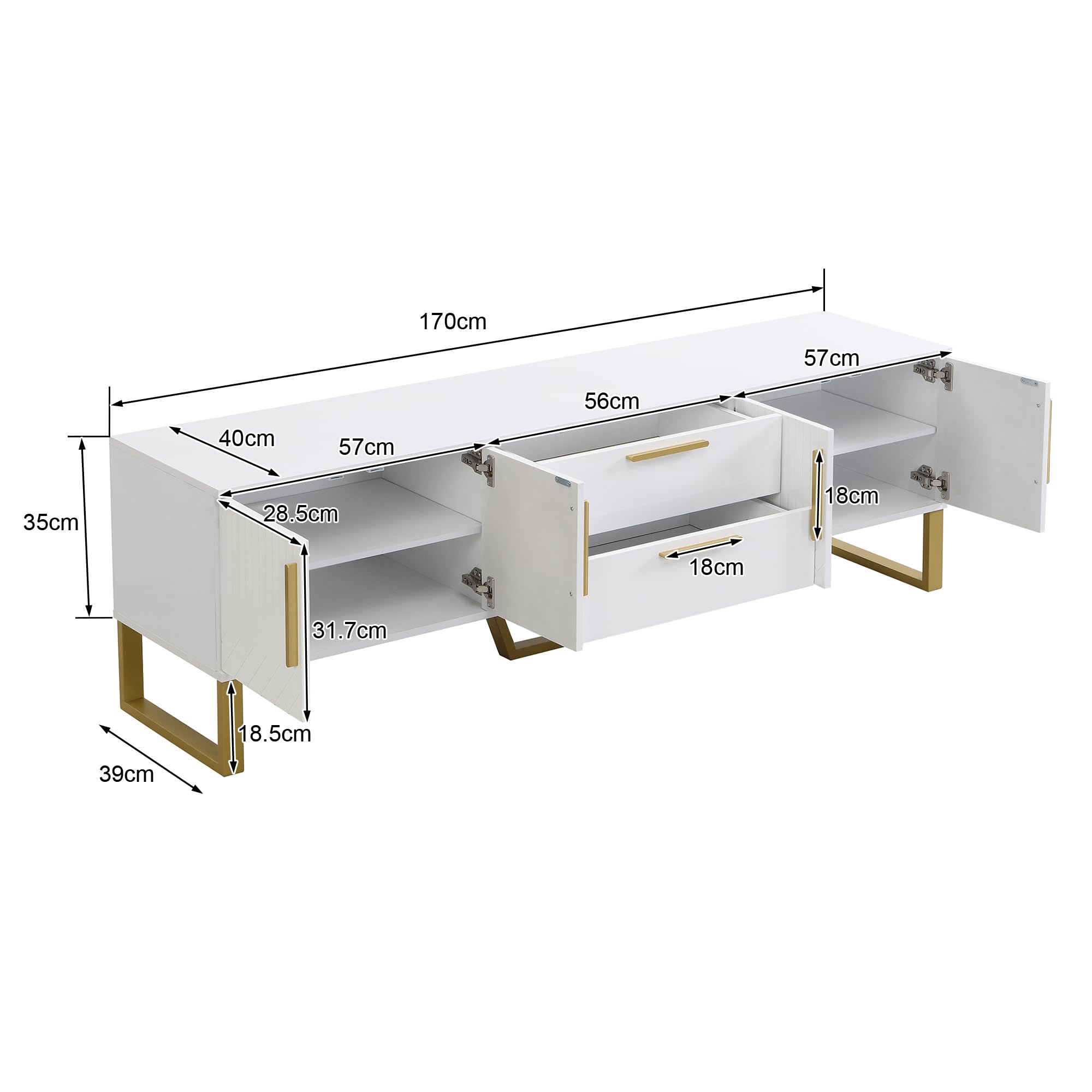 Mueble de TV de alto brillo: suelo, asas y patas doradas, solución de almacenamiento para el salón, combinación perfecta de elegancia, lujo y funcionalidad, 170 x 40 x 53 cm (blanco+dorado)