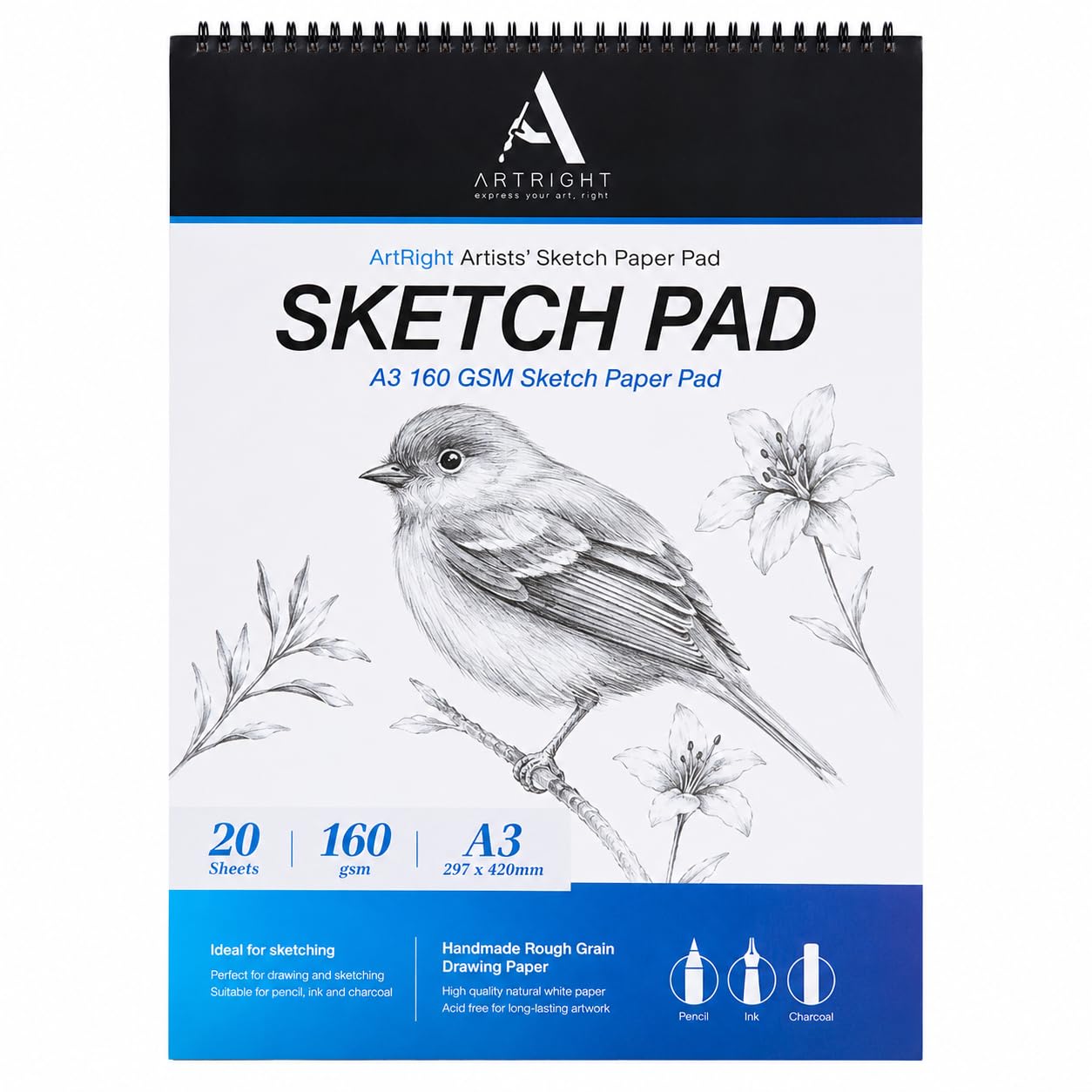ArtRight Artists' Sketch Paper Pad A3 160 GSM - 20 Sheets of Handmade Rough Grain Drawing Papers, Ideal for Artist, Professional Drawing, Painting Dry & Wet, Fine Art, School, Student