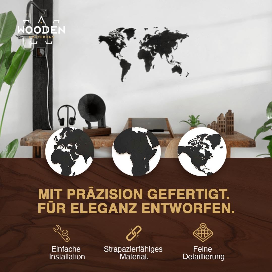 Weltkarte Holz DIY | 130 x 78 cm Wanddeko aus FSC-zertifiziertem HDF | 48 Pins & 25 Inseln zur Personalisierung | Weltkarte zum Pinnen Geschenkidee (Schwarz)