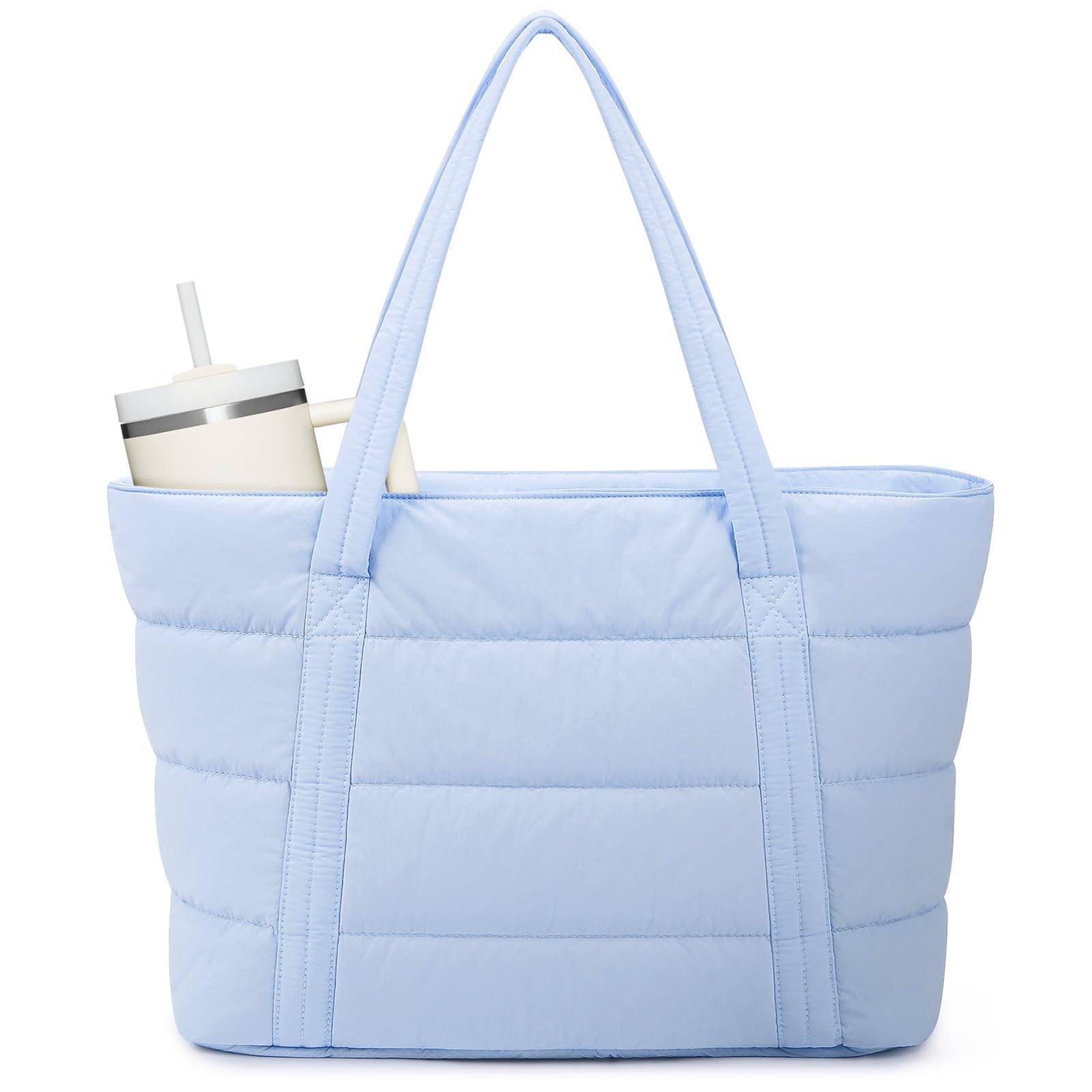 Narwey Puffer Tote Bag for Women with Cup Holder Laptop Compartments Quilted Travel Gym Work Tote Bags for