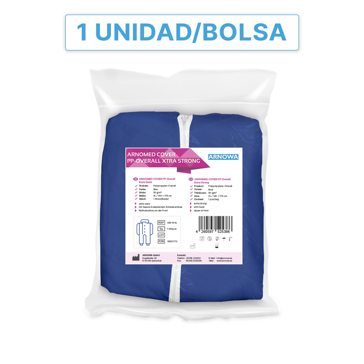 ARNOMED 50x Mono de protección PP extra fuerte, mono completo azul 50g/m², mono de pintor desechable XL, mono de trabajo para hombre/mujer con capucha, mono desechable, mono de protección desechable