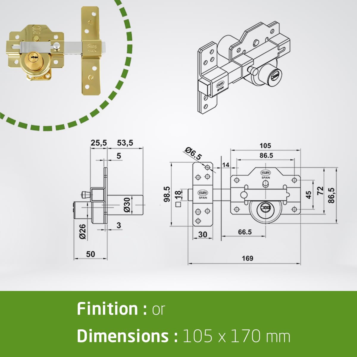 Amig - Serrure | Verrouillage de superposition | 105 x 170 mm | Or | Cylindre de sécurité 50 mm à 6 broches | Loquet d'ouverture | Système antibumping et protection contre les pics