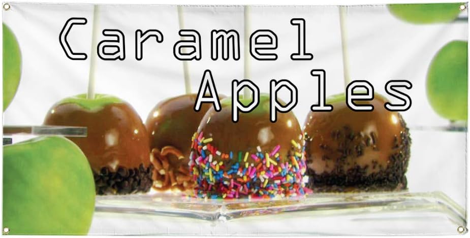 Vinyl Banner Multiple Sizes Caramel Apples Advertising Printing E Restaurant & Food Outdoor Weatherproof Industrial Yard Signs Brown 4 Grommets 16x40Inches