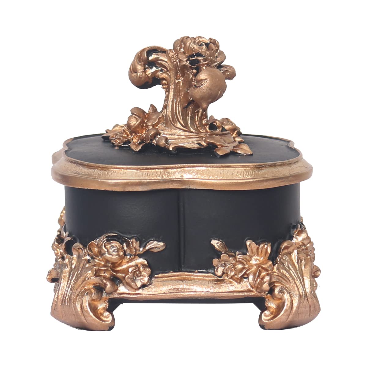 S-MANTISS-MANTIS Exquisite Vintage Style Jewelry Box Hand Painted Ornate Square Antique Trinket Organizer Storage With Gilded Stereoscopic Embossed Floral Lid And 4 Vivid Curved Support Feet (Black-4 Feet)