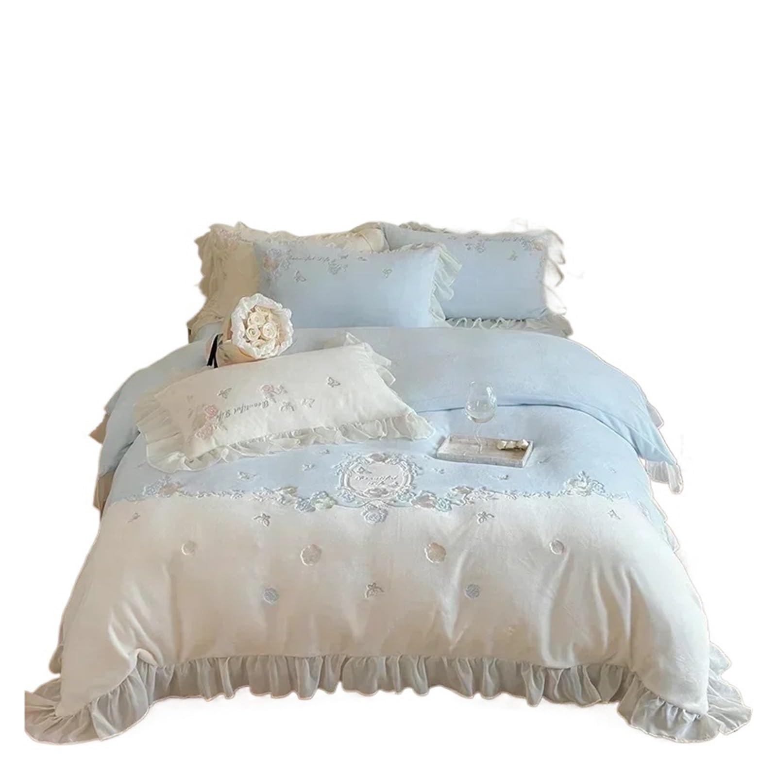 GCYEIDMA Ruffle Duvet Cover Bedding Set Flower Embroidery Ruffle Velvet Quilt Duvet Cover Bed Sheet Bedclothes(SKY BLUE,King 220x240cm 4pcs)