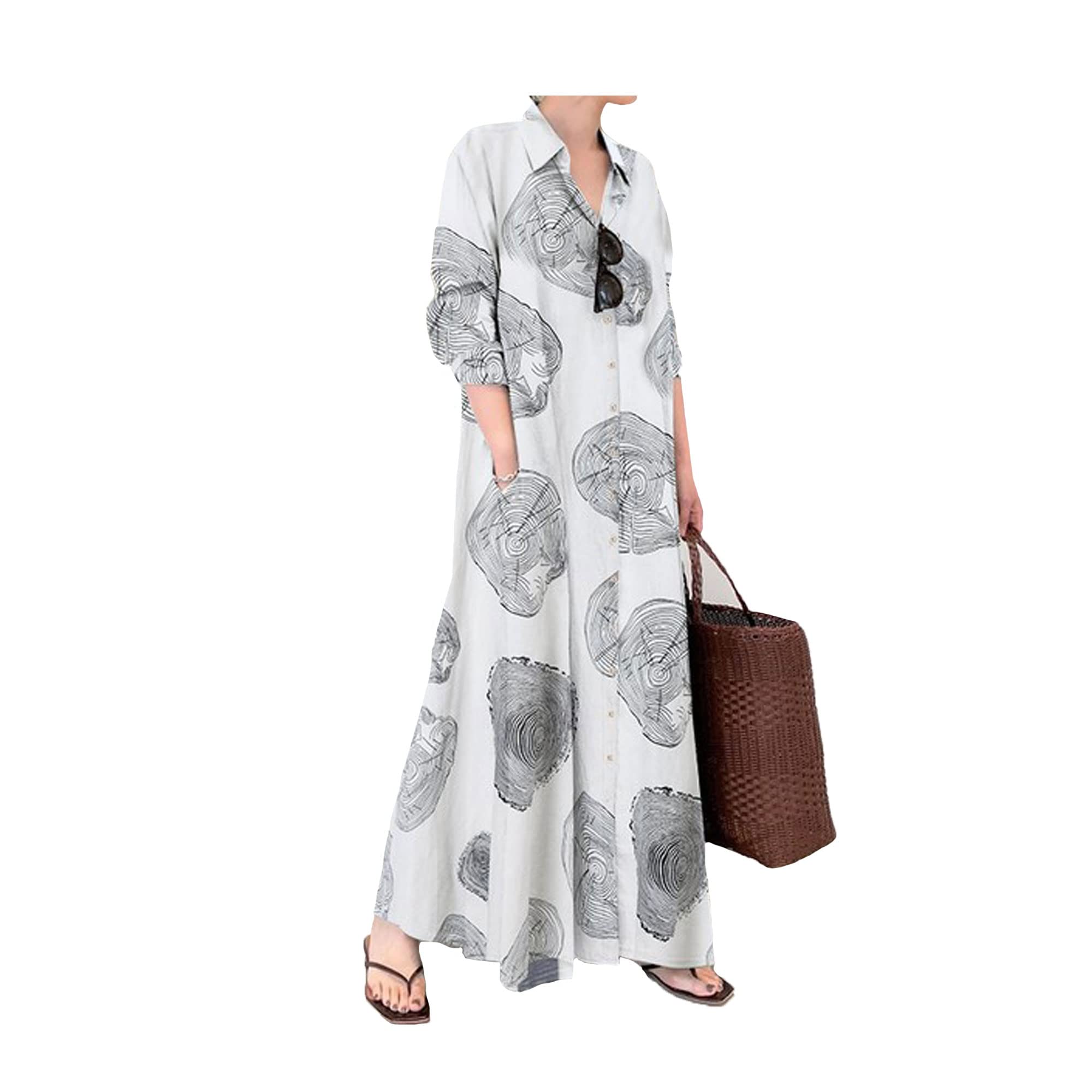 Muslim Cotton Linen Print Long Sleeve Loose Casual Long Shirt Dress M White