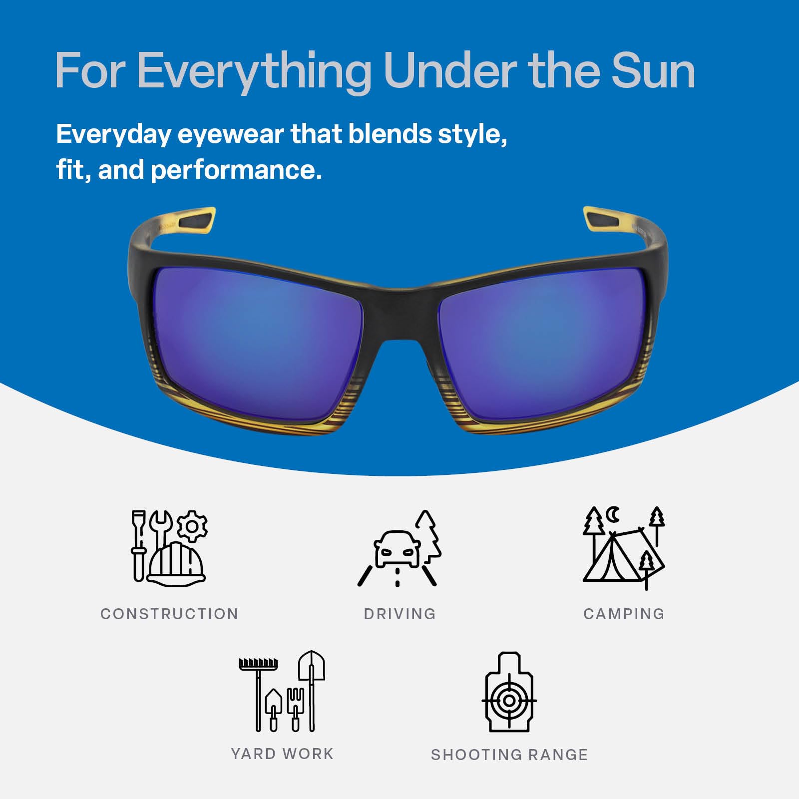 Bullhead Safety Amberjack Polarisierte Schutzbrille mit Performance Fog Technology, Blaulichtbrille mit UV-Lichtschutz und Anti-Kratz-Beschichtung, blaue Spiegelgläser, Schildkröte/schwarzer Rahmen