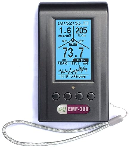 Medidor EMF avanzado GQ EMF-390 3 en 1 EMF ELF Medidor RF, torre celular 5G de banda baja, medidor inteligente detector de señal WiFi RF hasta 10