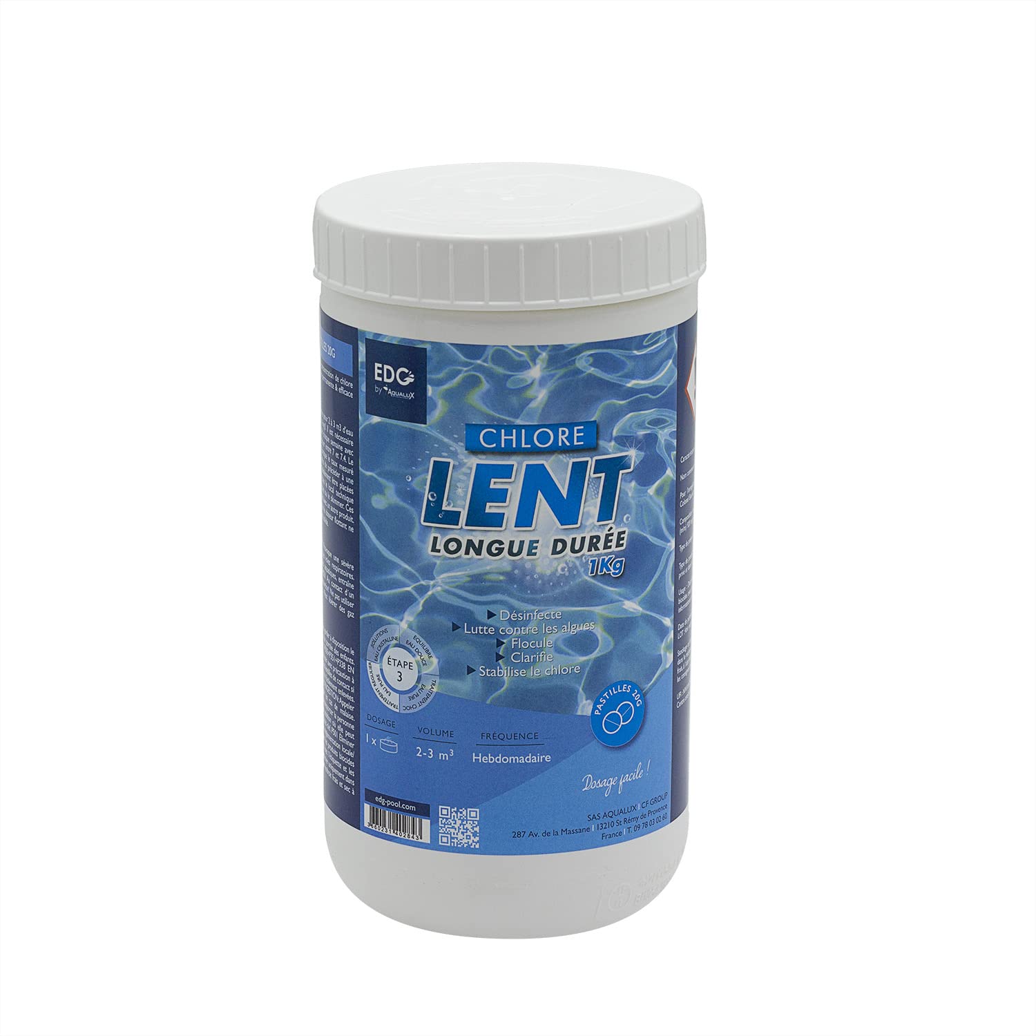 EDG by AQUALUX Chlore Lent Pastilles 20g - 1kg | Chlore Lent Stabilisé - Désinfection Régulière - Dissolution Lente + 10 Tests HPS OFFERTS 6 en 1