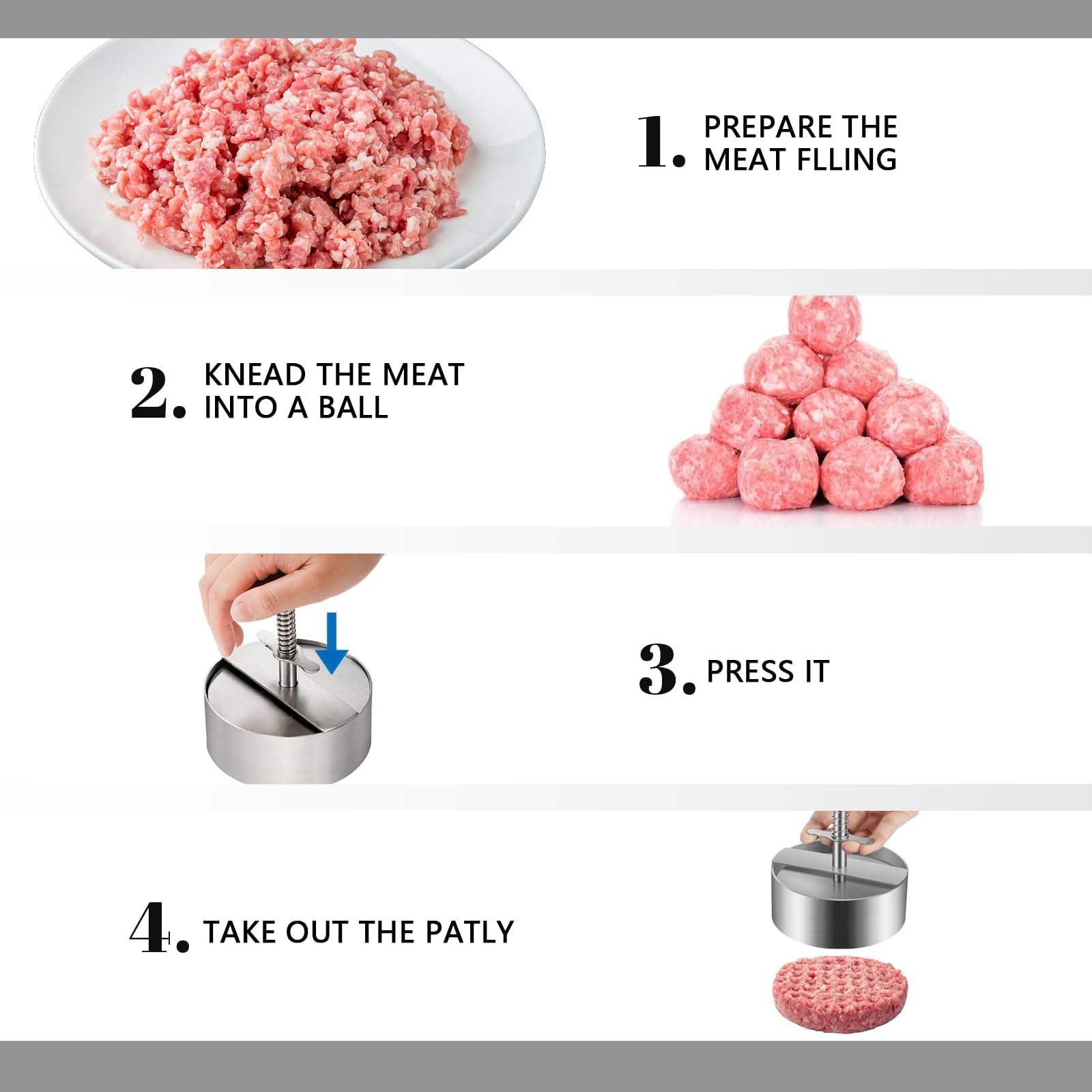 3er Set Burgerpressen, Edelstahl, 8/11,5/14 cm, für Hamburger-Patties | Federgriff für gleichmäßige Patties und einfaches Lösen – geeignet für Rindfleisch, Gemüse, Fisch, BBQ, Küche und Grillpartys