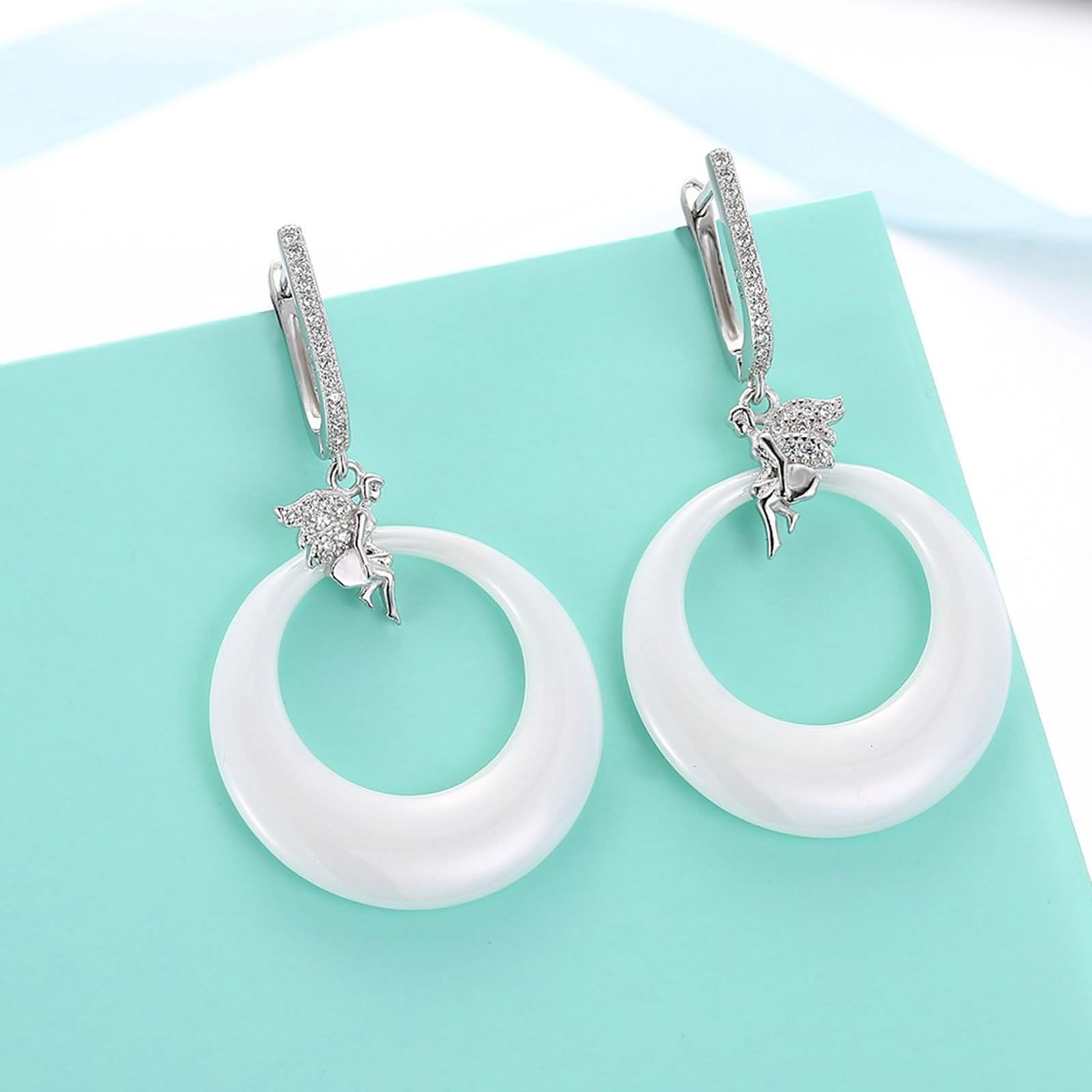 Pendientes colgantes vintage, aretes colgantes de plata, aretes redondos de moda para mujer con circonita cúbica blanca, plata de ley, Plata de ley, Circonia cúbica