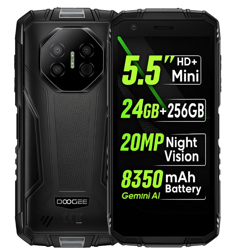 DOOGEE Mini Teléfono Resistente Fire 3 Ultra, 24GB+256GB, 20MP Visión Nocturna Cámara, 5,5' HD+, Cuerpo Compacto+Agarre Fácil, Batería 8350mAh, IA Gemini, Smartphone Antigolpes IP68, NFC GPS Negro