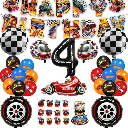 54 Piezas Set de Cumpleaños Niño Hot Whels 4 Años, Hot Whels Decoración Cumpleaños Fiestas, Decoración Cumpleaños Cars Niño, Hot Whels Decoración Globos de Fiesta de Cumpleaños para Niños