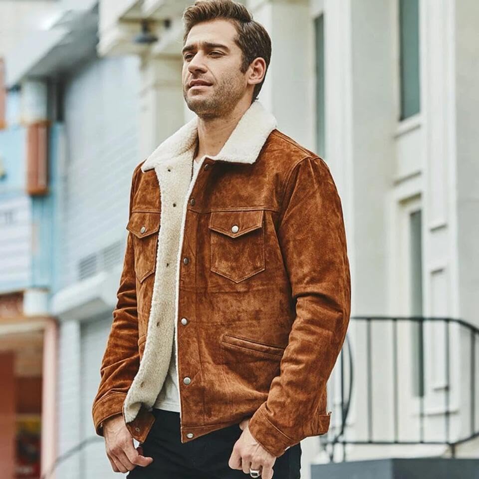 Men's Faux Sherpa Lined Real Suede Leather Jacket Black Trucker Denim Style Coat For Man4