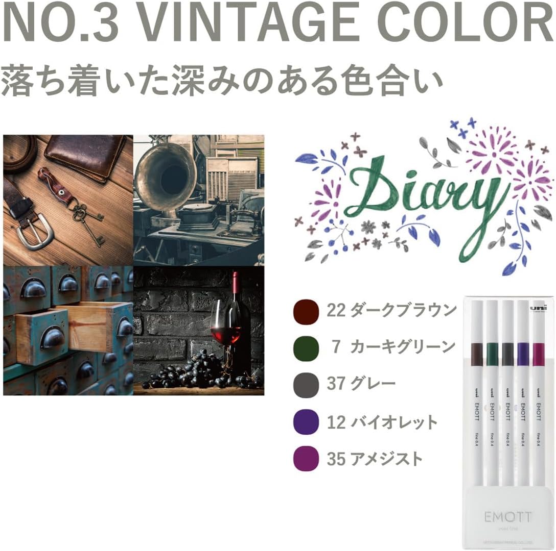 uni Emott Fine Line Marker Pens, Fine Point (0.4mm), Vintage Colors (Set 3), 5 Pack