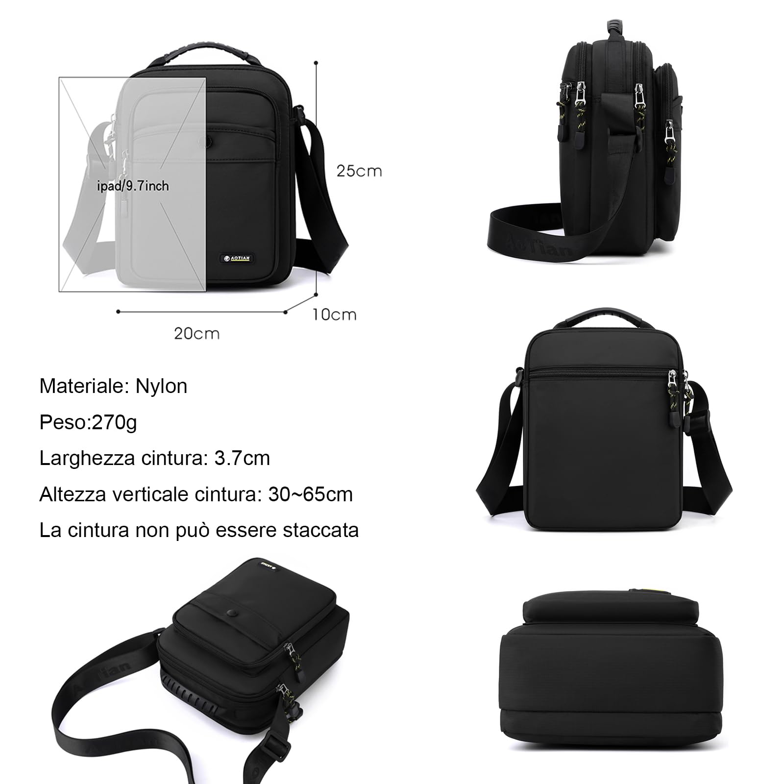 Borsa a tracolla da uomo piccola borsa a tracolla in nylon da lavoro impermeabile leggera casual nera borsa da messaggero per lavoro viaggi all'aperto