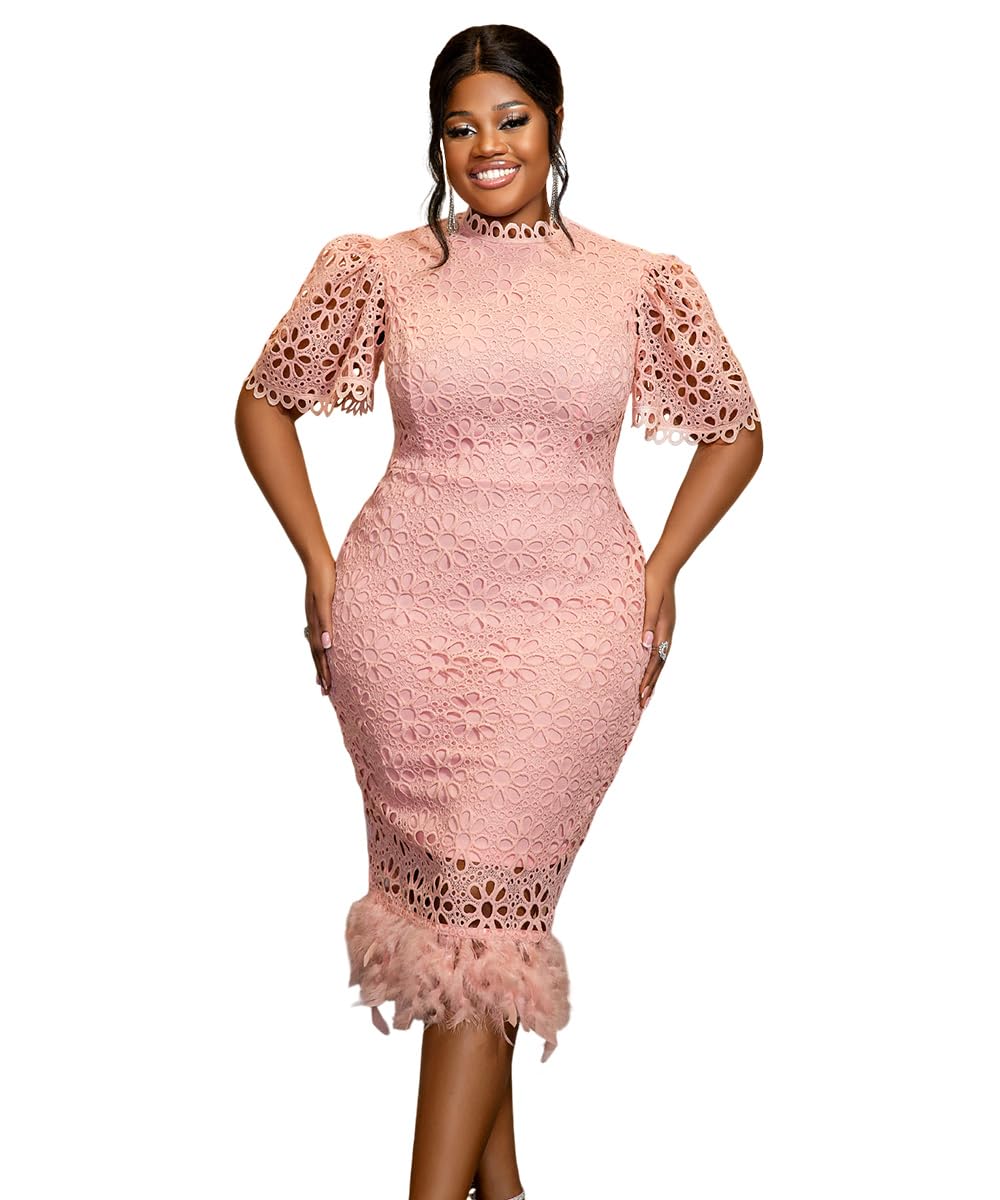 AOMEIWomen's Summer Hollow Out Lace Flower Dress Short Sleeve Stand Collar Feather Bodycon Business Office Dresses