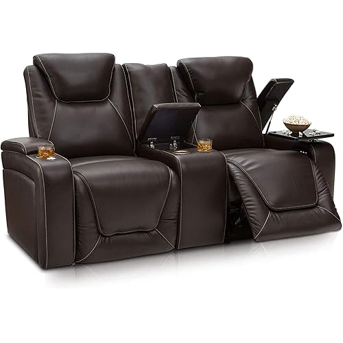 Seatcraft Vienna Home Theater Seating - Living Room - Top Grain Leather - Power Recline - Power Headrest - Powered Lumbar - USB Charging - Cup Holders - (Loveseat with Storage Console, Brown)