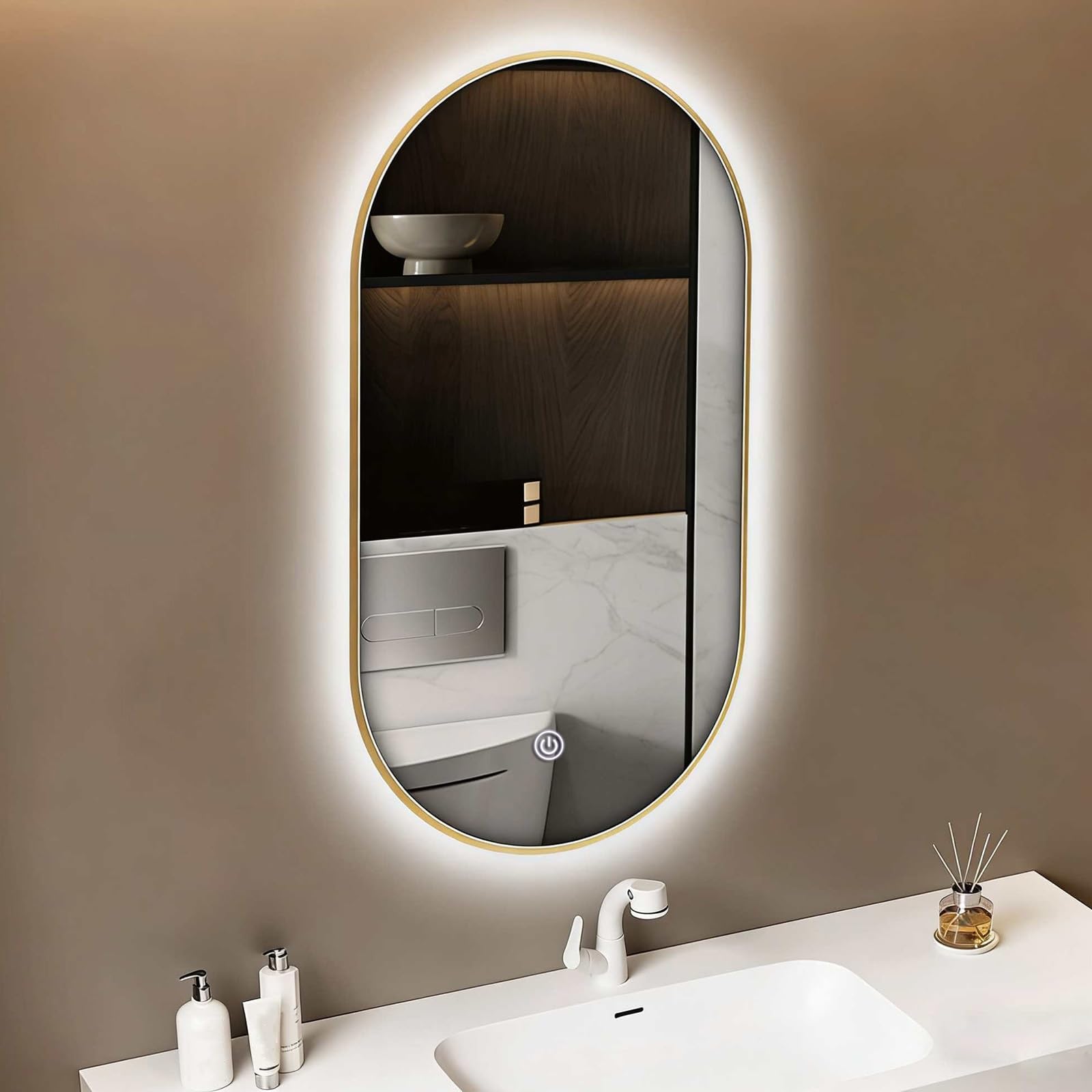 SXFSDOU Illuminated Backlit LED Bathroom Mirror, Wall Mirror with Metal Frame, Multifunction Vanity Touch Button and Dimmable Lighting