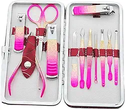 Kit Manicure Profissional Completo Rosa e Dourado Com 12 Peças e Estojo, Aço Inoxidável, Alicate Cutícula, Cortadores, Tesoura