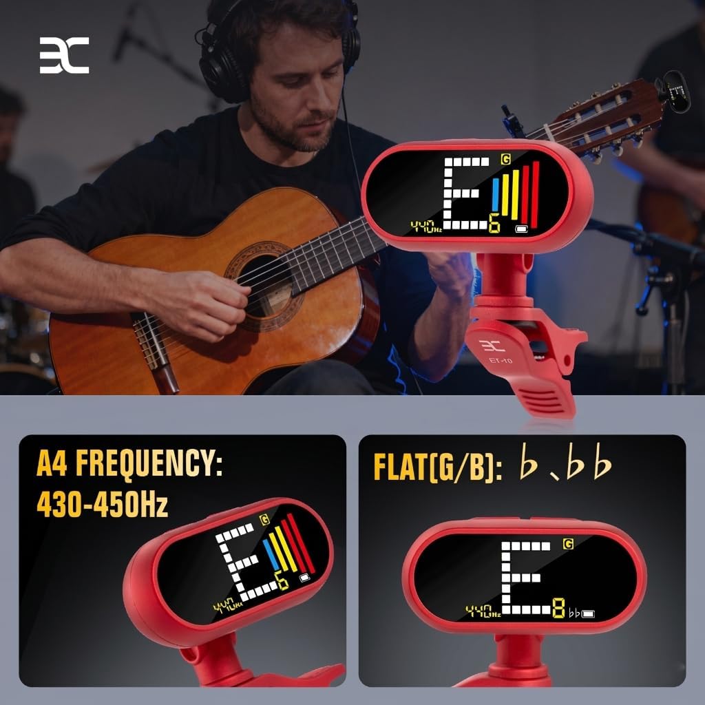 EX Professional Rechargeable Guitar Tuner Clip On, Accurate & Fast Tuner with Color LCD for Acoustic/Electric Guitar, Bass Guitar, Ukulele, Violin & Chromatic, Red