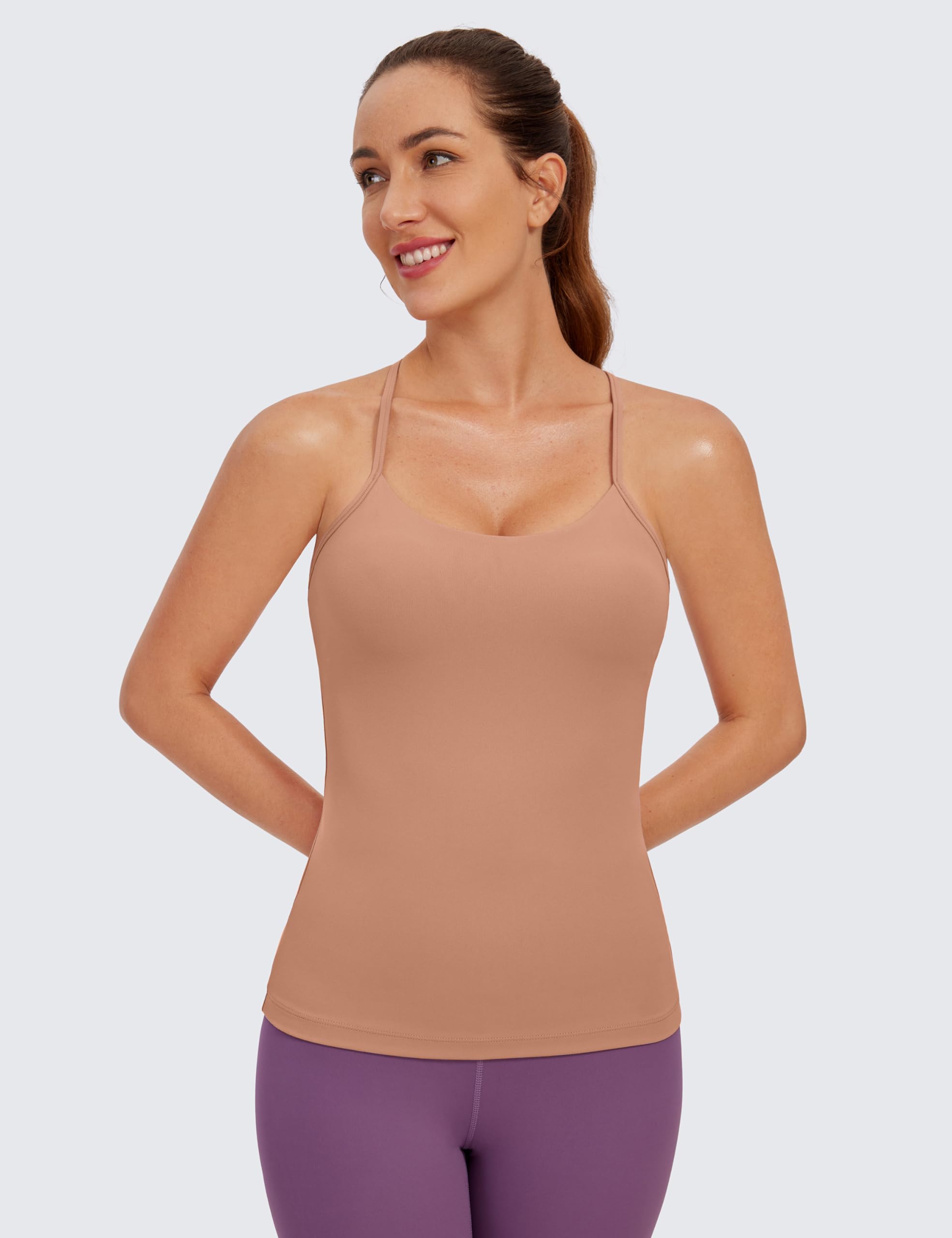 CRZ YOGA Butterluxe Womens Racerback Tank Top with Built in Bra - Spaghetti Thin Strap Padded Workout Slim Yoga Camisole Mocha Mousse X-Small