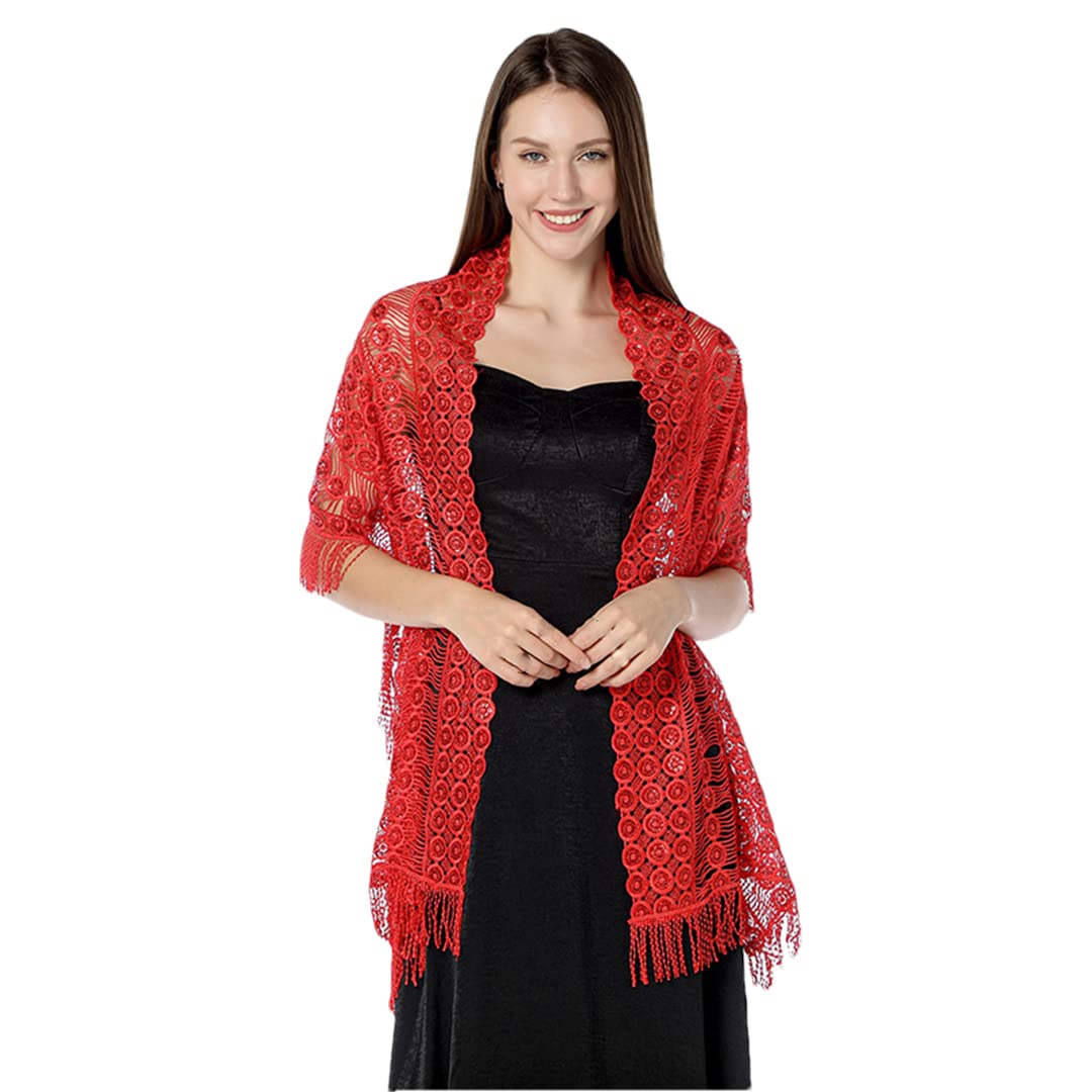 Sciarpa in pizzo e rete, Scialle da sera con nappa donna ricamo paillettes multicolore