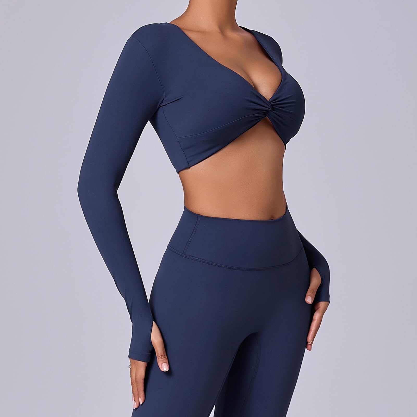 Camiseta de entrenamiento de manga larga para mujer, cuello en V profundo, recortada, para yoga, pilates, gimnasio